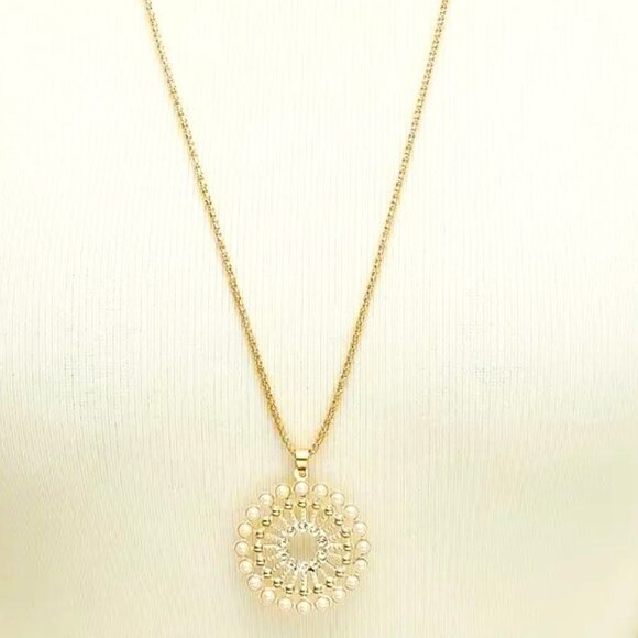 Pearl Necklace Long Rhinestone 30" Chain Pendant Statement Gold Y2K Round Circle - Picture 2 of 4